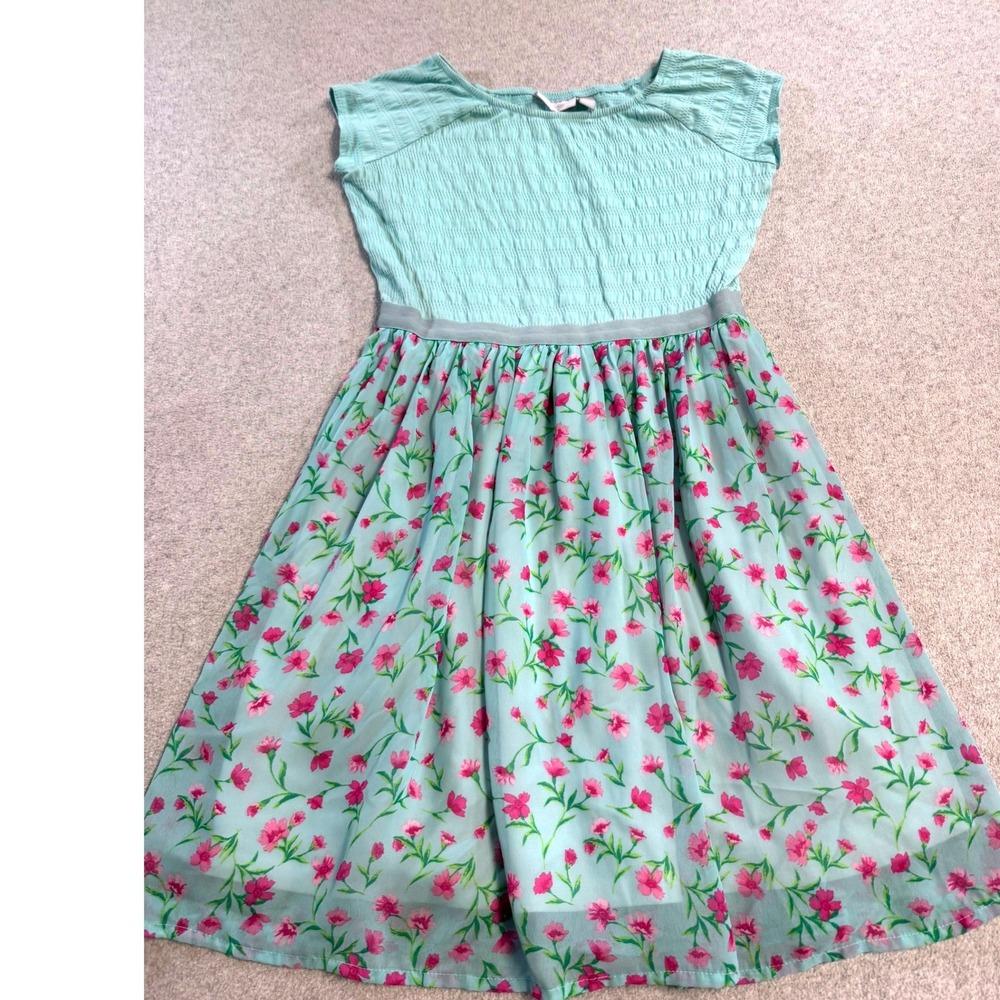 Girls Childrens Place Floral Dress Size L Green Pink Flutter Sleeve‎ Twirl Party